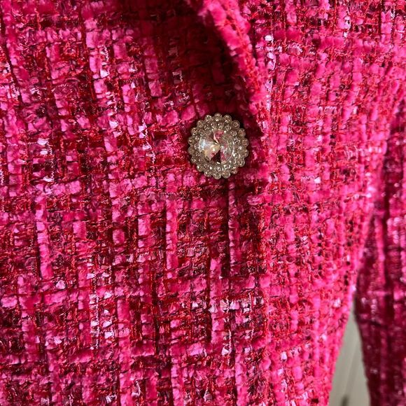 Lulu’s Preppy Perfection Pink Boucle Rhinestone Button Cropped Blazer - Picture 5 of 6